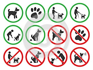 Dog friendly and dog restriction signs, dog prohibited icons