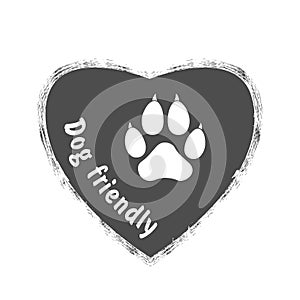 Dog friendly grunge heart stamp, gray isolated on white background, vector illustration. Dog paw print