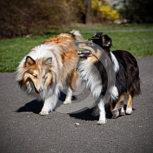 Dog friendship. Two shelties are running and playing with each other.