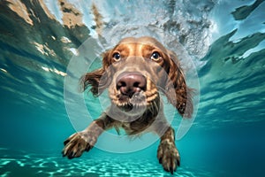 dog fun funny puppy underwater water swimming vacation pool snorkeling. Generative AI.