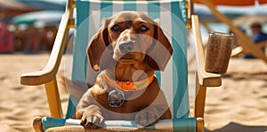 dog funny chair summer lazy vacation pet relax beach sunglasses. Generative AI.