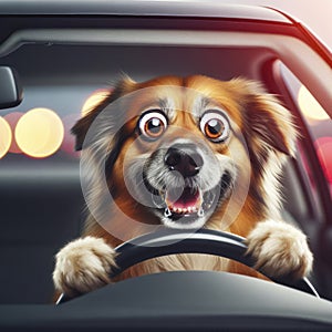 Dog with a funny scared face with bulging eyes driving a car. ai generative
