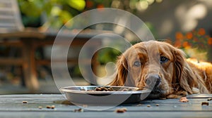 Dog gazing thoughtfully while sitting next to a bowl of food