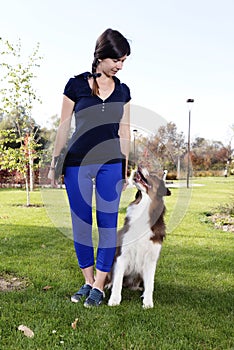 Dog Girl Female Training Animal Pet Australian Shepherd Professional Trainer Handler Relationship Outdoor Park Practice