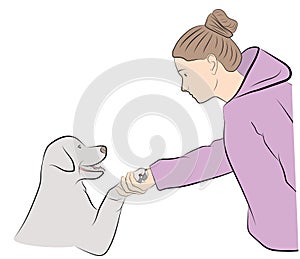 Dog gives paw to man. vector illustration.
