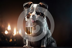Dog with a glass of champagne