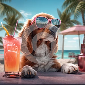 Dog in glasses with a cocktail on the beach, summer vacation. Square illustration. AI generative