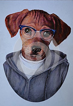 Dog with glasses, in the image of a man