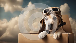 dog in glasses A playful Labrador puppy wearing a tiny aviator hat and goggles, sitting in a cardboard airplane