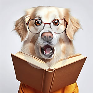 dog with glasses reading a book on white background. ai generative