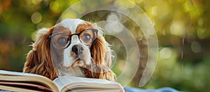 Dog with glasses reads a book on a blurred background with space for text.