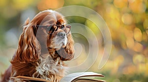 Dog with glasses reads a book on a blurred background with space for text.