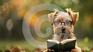 Dog with glasses reads a book on a natural green background with space for text