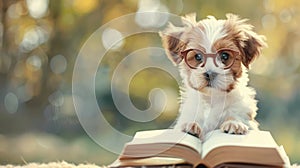 Dog with glasses reads a book on a natural green background with space for text