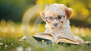 Dog with glasses reads a book on a natural green background with space for text