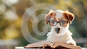 Dog with glasses reads a book on a natural green background with space for text