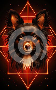 A dog with glowing eyes and a red background, AI