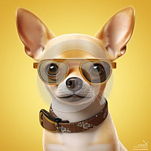 puppy dog cute glasses portrait chihuahua animal canino yellow pet background. Generative AI. photo