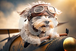 A Dog With Goggles Riding a Vintage Airplane - Generative AI