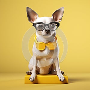 dog pet portrait glasses animal background yellow cute chihuahua funny puppy. Generative AI. photo