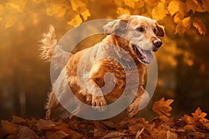 Dog, golden retriever jumping through autumn leaves.