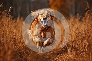 Dog, golden retriever jumping through autumn leaves.