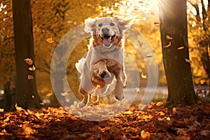 Dog, golden retriever jumping through autumn leaves in autumnal sunlight