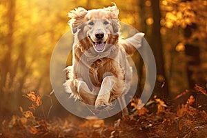 Dog, golden retriever jumping through autumn leaves in autumnal sunlight