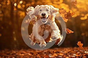 Dog, golden retriever jumping through autumn leaves in autumnal sunlight