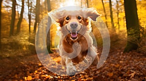 Dog, golden retriever jumping through autumn leaves in autumnal sunlight.