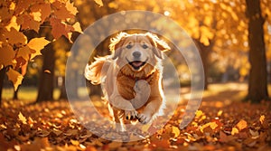 Dog, golden retriever jumping through autumn leaves in autumnal sunlight