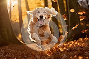 Dog, golden retriever jumping through autumn leaves in autumnal sunlight. Ai generative