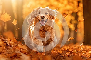 Dog, golden retriever jumping through autumn leaves in autumnal sunlight. Ai generative