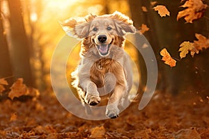 Dog, golden retriever jumping through autumn leaves in autumnal sunlight. Ai generative