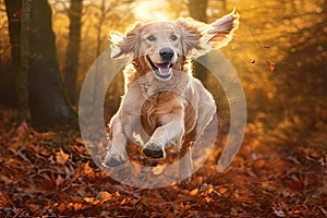 Dog, golden retriever jumping through autumn leaves in autumnal sunlight. Ai generative