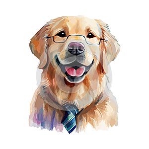 Dog Golden Retriever watercolor painting. Adorable puppy animal isolated on white background. Realistic cute dog portrait vector