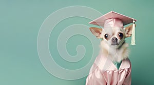 Dog in graduation cap and gown. Realistic chihuahua portrait. Generative AI