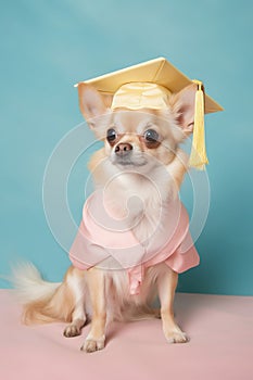 Dog in graduation cap and gown. Realistic chihuahua portrait. Generative AI
