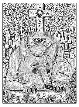 Dog on grave. Black and white mystic concept for Lenormand oracle tarot card