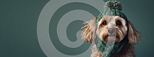 A dog in a green scarf and hat. AI Generated