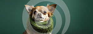 A dog in a green scarf and hat. AI Generated