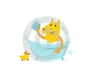 Dog grooming. Bathing time. Canine hygiene. Cute dog taking a bath. Vector cartoon illustration