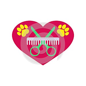 Dog grooming logo design. Dog paw print with comb, scissors and red heart. Vector clipart and drawing.