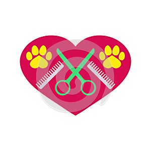 Dog grooming logo design. Dog paw print with comb, scissors and red heart. Vector clipart and drawing.