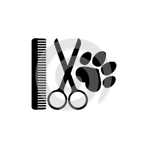 Dog grooming logo design template. Dog pawprint with comb and scissors. Vector clipart and drawing.