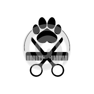 Dog grooming logo design template. Dog pawprint with comb and scissors. Vector clipart and drawing. Isolated illustration.