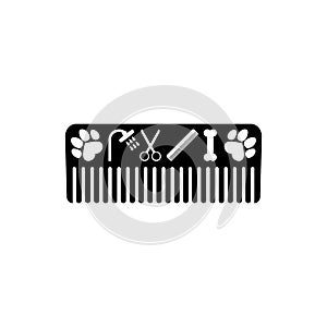 Dog grooming logo design template. Dog pawprint with comb silhouette and scissors. Vector clipart and drawing.