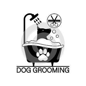 Dog grooming logo design template. The dog is washing in the bathtub. Vector clipart and drawing. Isolated illustration.