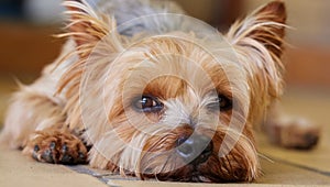 Dog, ground and home with Yorkshire Terrier, relax and pet with face and calm behaviour. Fur, rescue puppy and animal