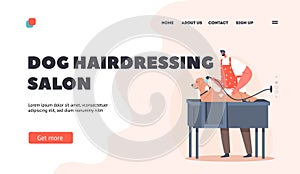 Dog Hairdressing Salon Landing Page Template. Hairdresser Male Character Provides Grooming Service Washing Big Dog